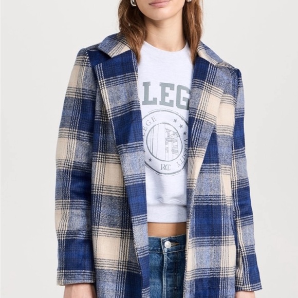 Z Supply Blue Plaid Fringe Open-Front Coat NWT Mid-weight Checked Long Jacket - Picture 2 of 7